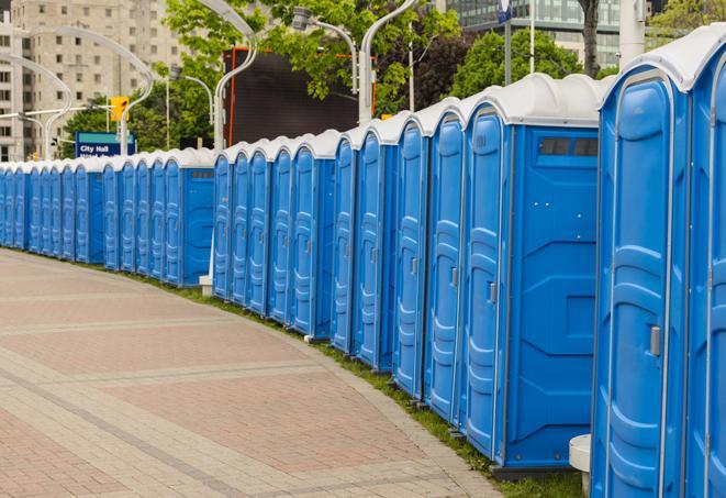 a row of sleek and modern portable restrooms at a special outdoor event in Buena Park, CA